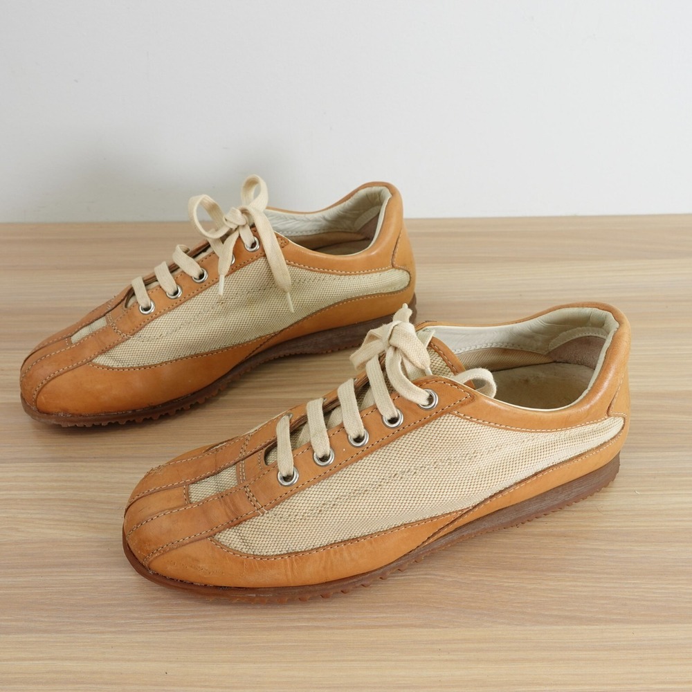 Y2K Ballet Sneakers Womens 7 Tan Cream Leather Canvas Italian Shoes HOGAN